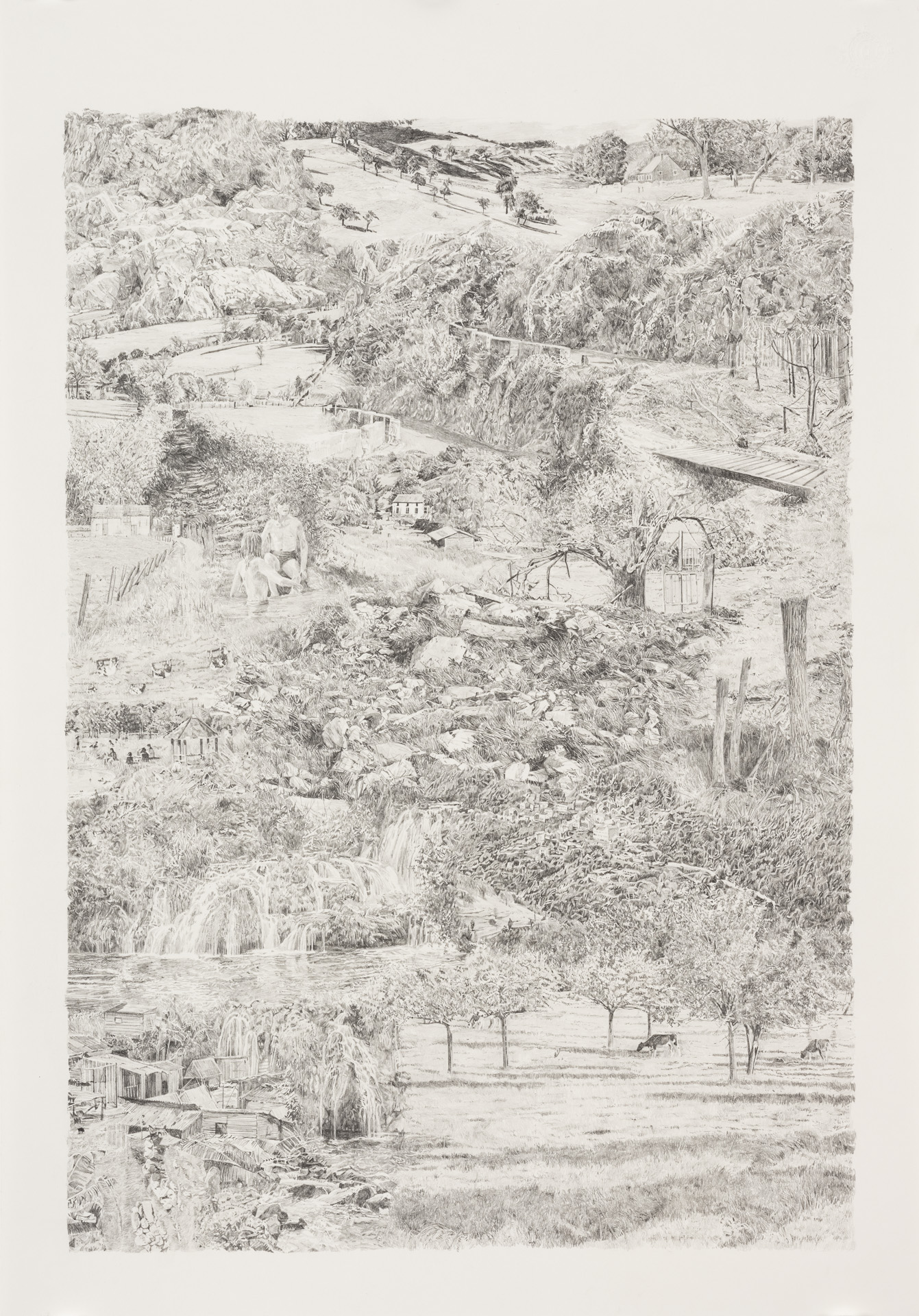 Vue Générale 17, dessin au crayon où baigneurs, vaches, arbres et cascades se mêlent
